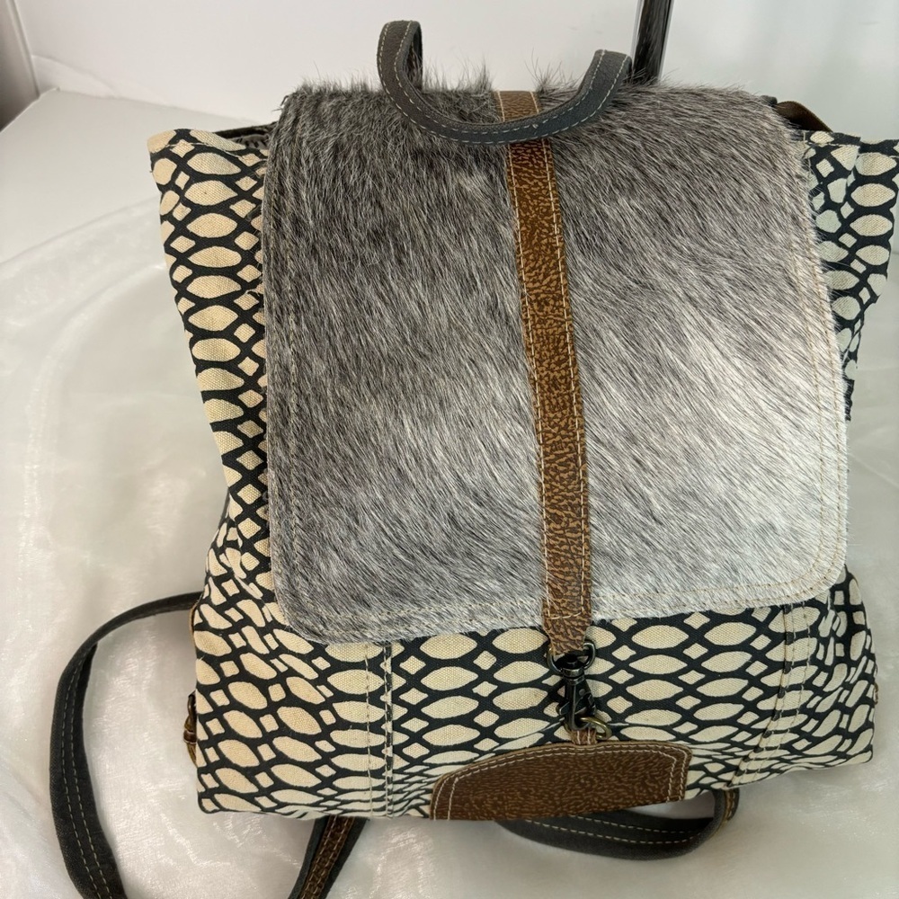 Myra Bag Gray Patterned Leather & Brown Trim Backpack - Picture 2 of 6